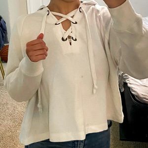 White hoodie with tie strings by Aerie size Medium!!